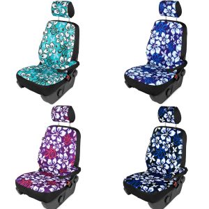 Sitze eines Fahrzeugs mit bunten blumigen Mustern in verschiedenen Farben.