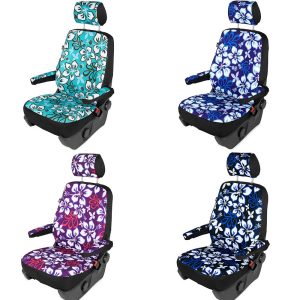 Sitze eines Fahrzeugs mit bunten blumigen Mustern in verschiedenen Farben.